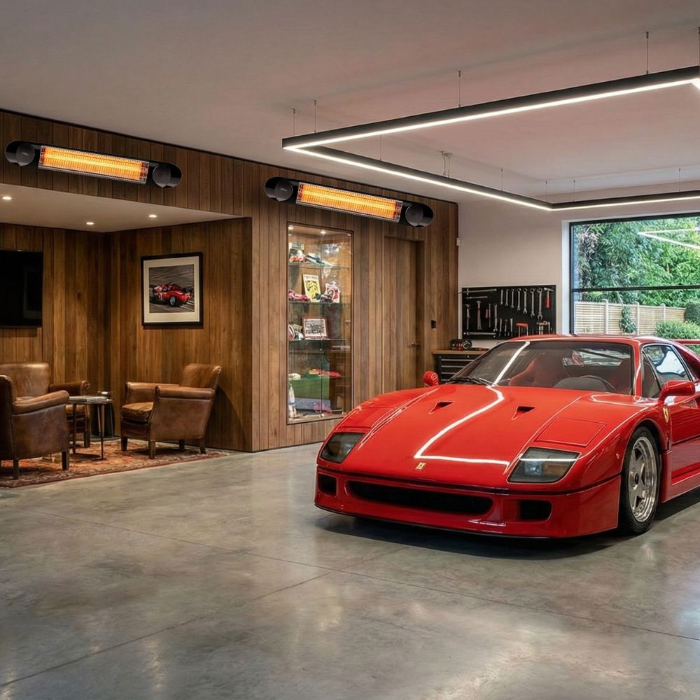 Two Veito Blade Heaters mounted on the wall of a garage