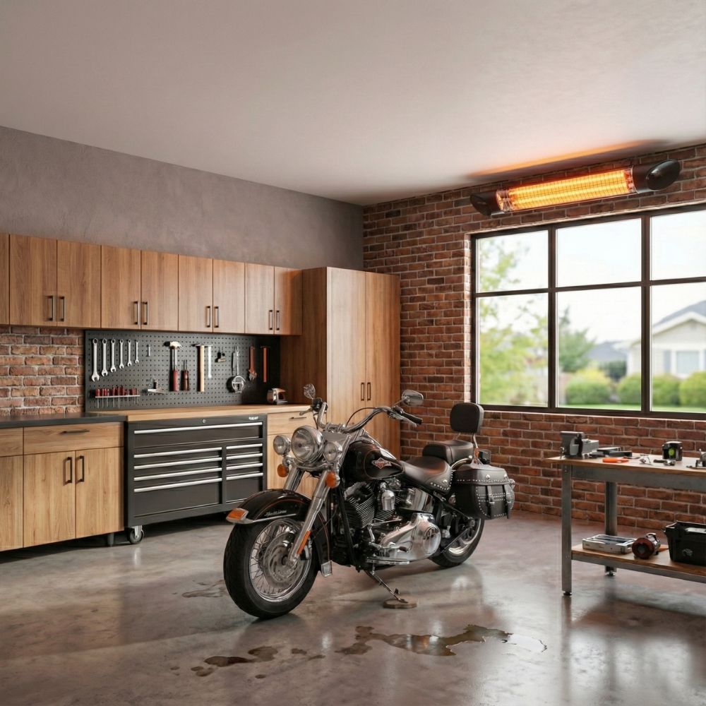 Veito Blade mounted on wall of a garage with a motorcycle in the foreground