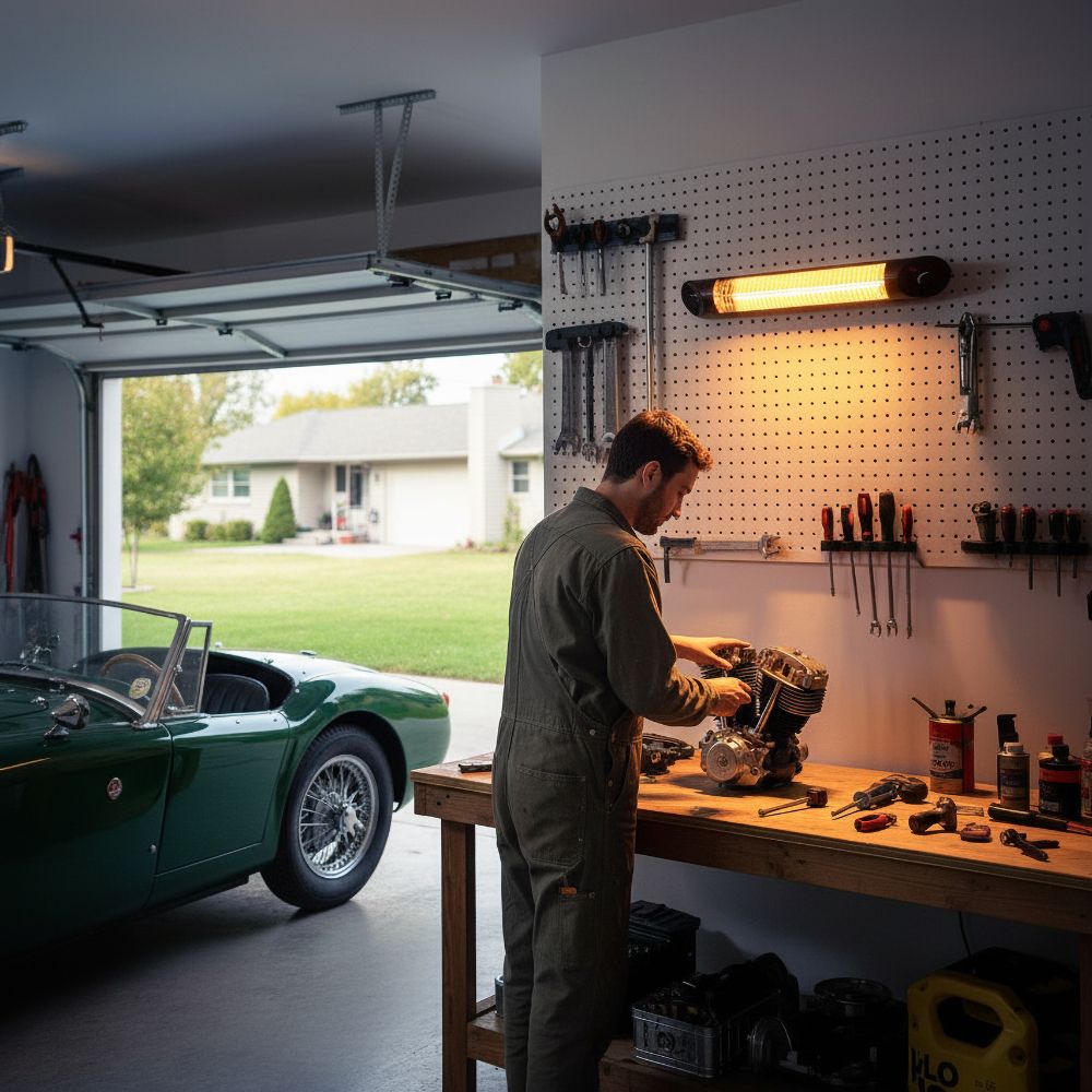 Veito Heater mounted above a work bench in a garage