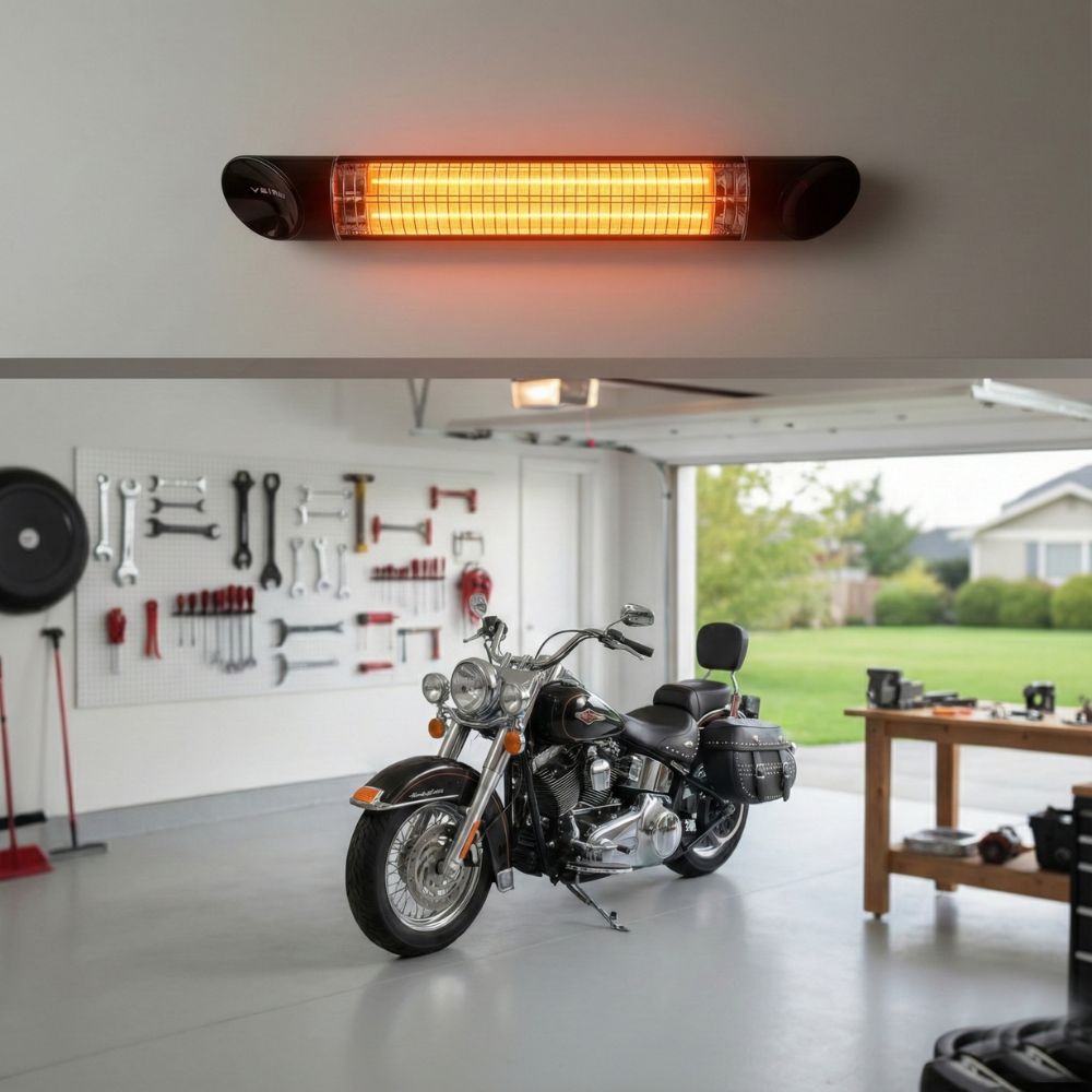 Veito blade mounted in a garage with a motorcycle and tools in the background