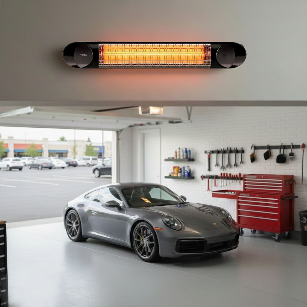 Veito Blade mounted on the wall of a garage with a parking lot in the background 