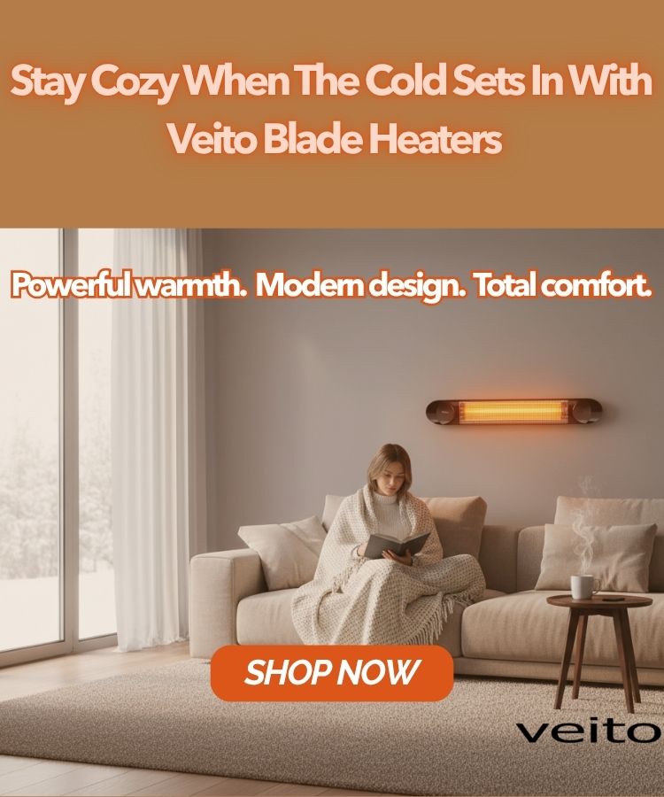 Advertisment for the Veito heater showing a woman sitting on a couch in front of a wall mounted heater