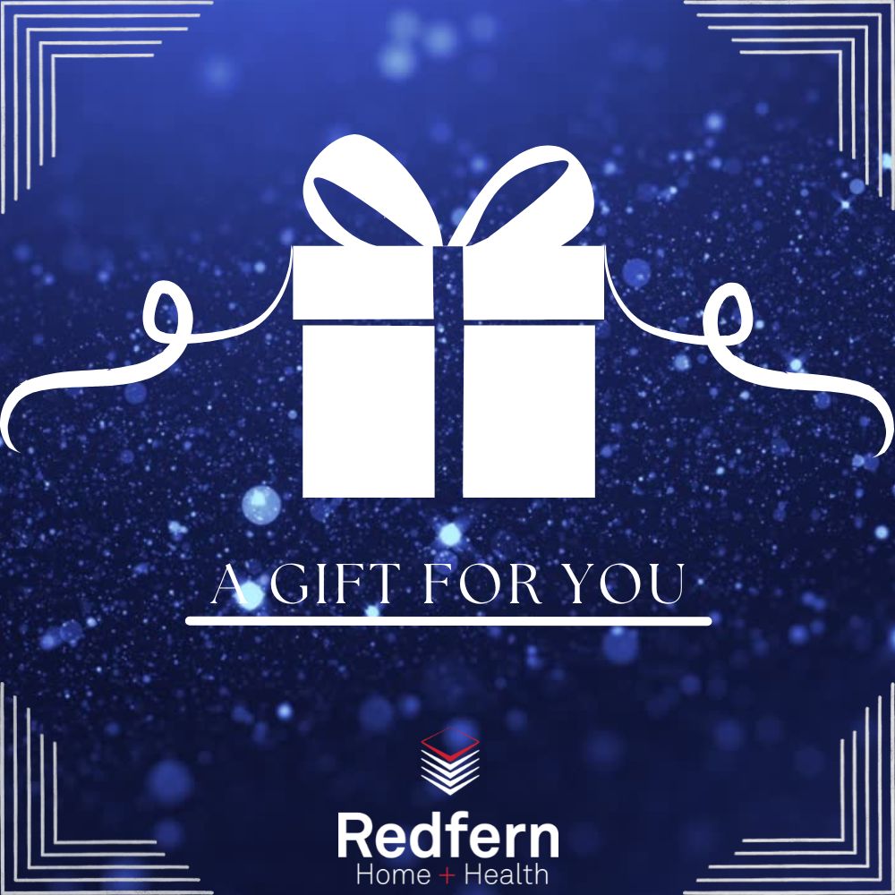 Holiday Gift Card with a sparkling blue background and a white gift box
