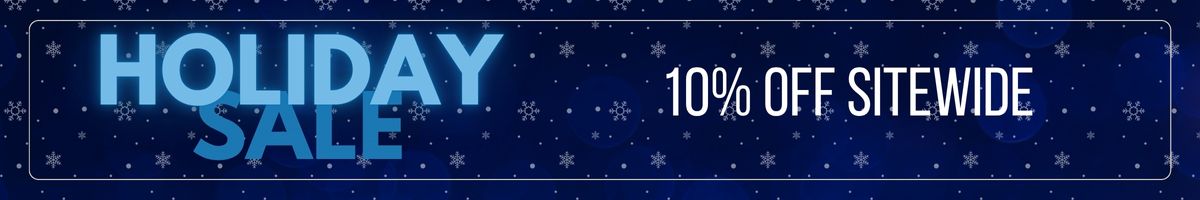 Dark blue banner with snowflakes. Text saying Holiday sale 10% off sitewide