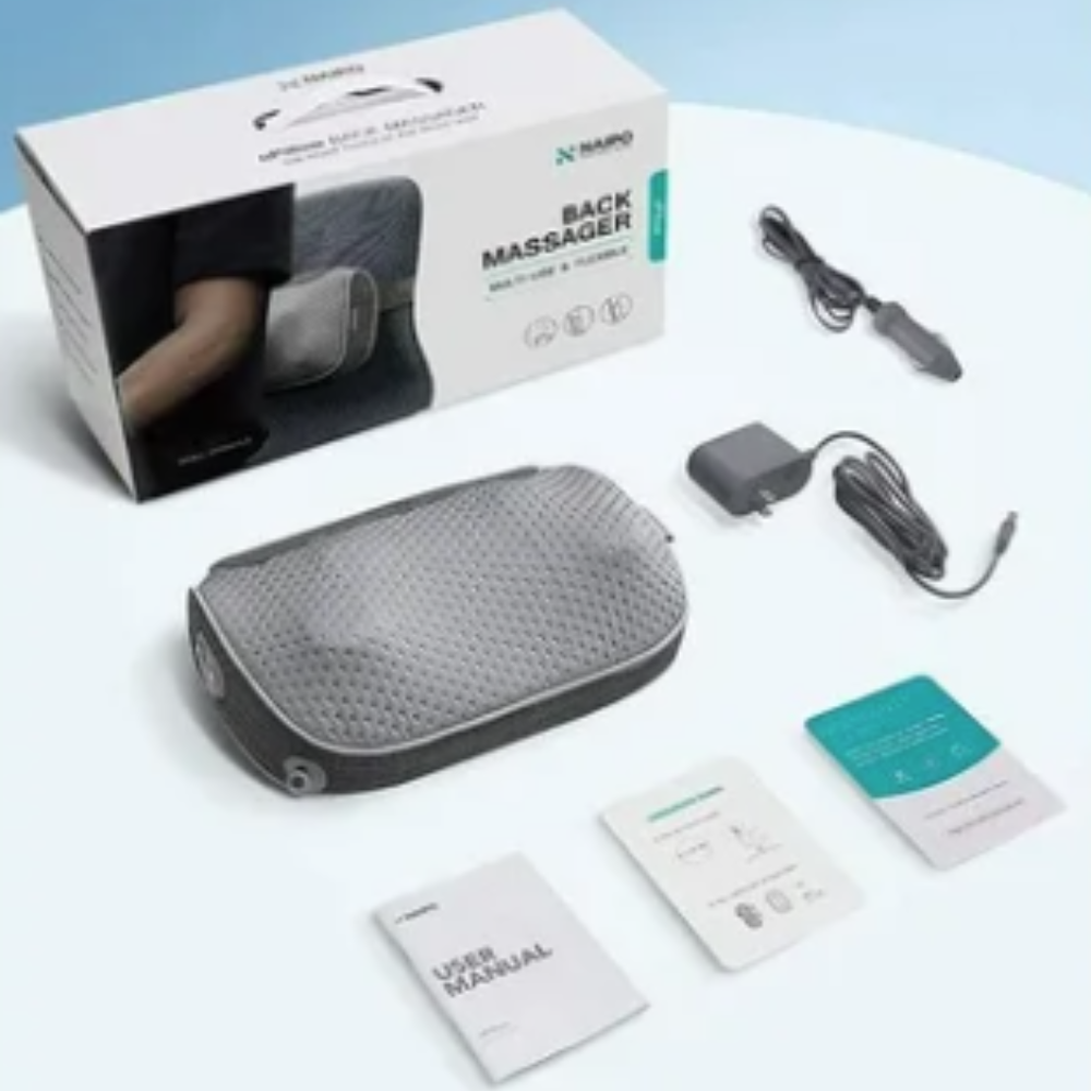 Naipo Shiatsu Massage Pillow Featuring Soothing Heat Therapy – Ergonomic Design for Full-Body Muscle Relaxation and Pain Relief.