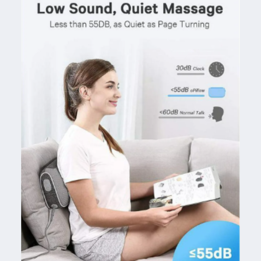 Woman Using Naipo Back Massager Pillow on Sofa – Portable Shiatsu Massager Providing Neck and Shoulder Pain Relief at Home.
