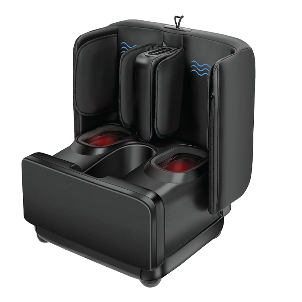 BACKplus Ottoman Massager open showing the heat function and calf compression