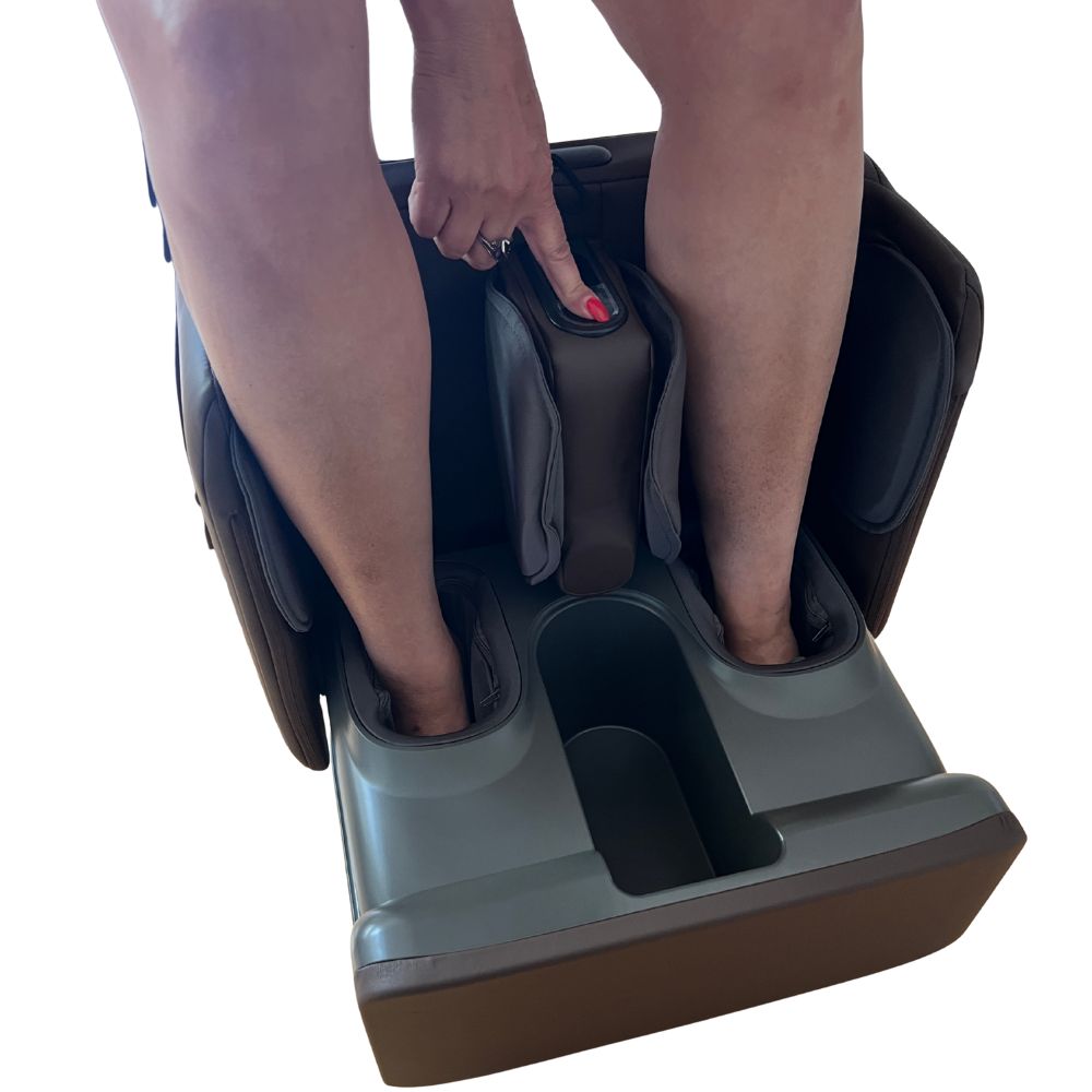 Woman pressing buttons while using the BACKplus Ottoman Massager