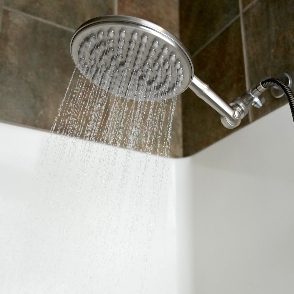 ShowerMe®  Rain Shower Head in Brushed Nickel with water coming out