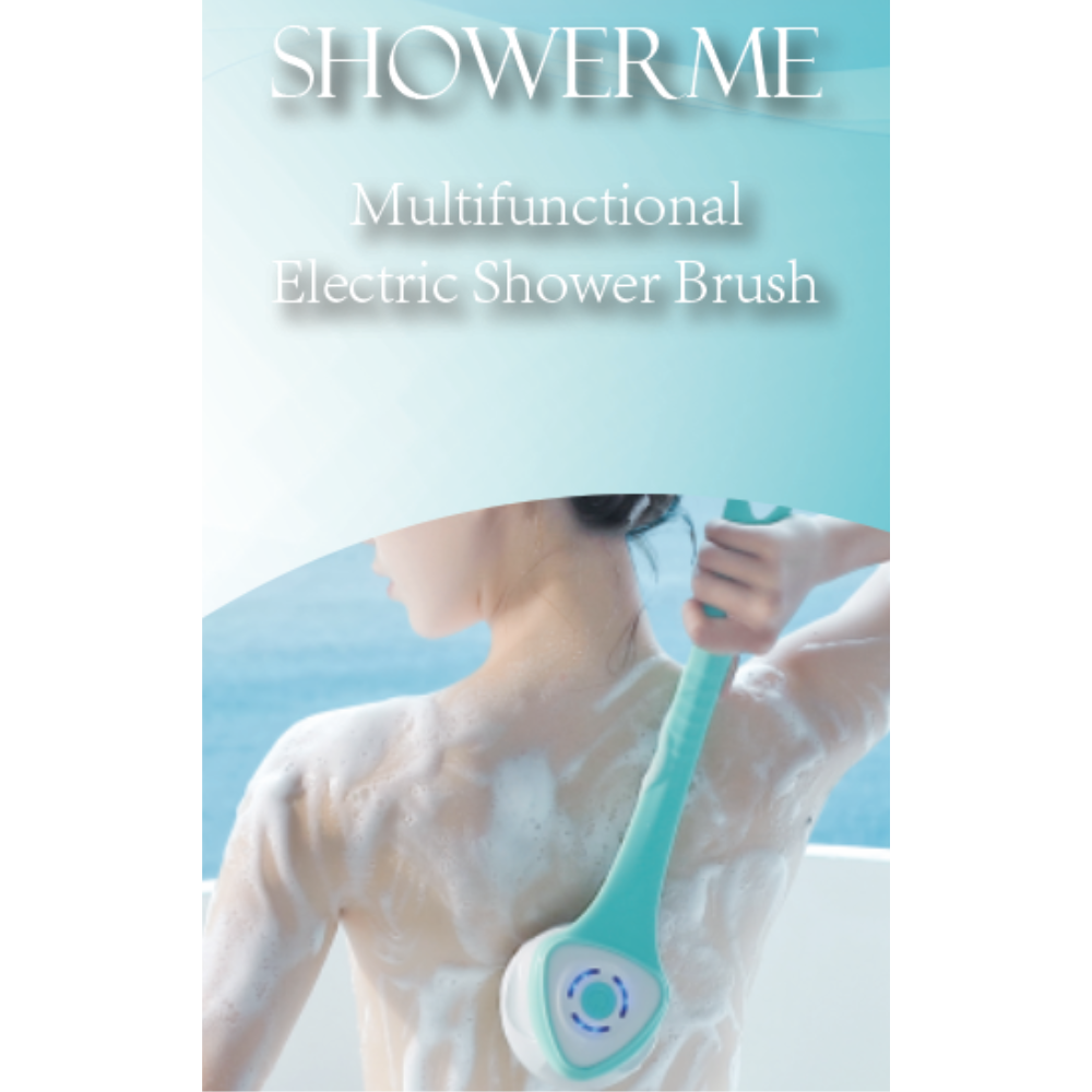 ShowerMe Shower Brush box showing woman using it on her back