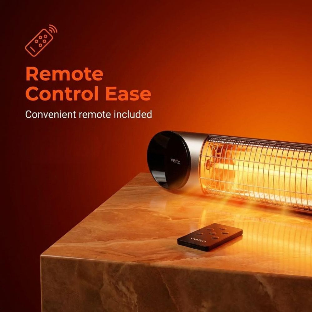 Silver Veito Heater on counter with text "Remote control ease - convenient remote included".