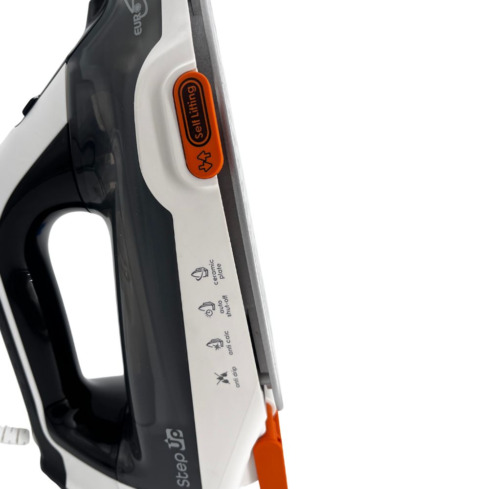 Eurosteam®Step Up Iron close up angle of anti drip, anti calcium, auto shut off and ceramic plate, self lifting legs