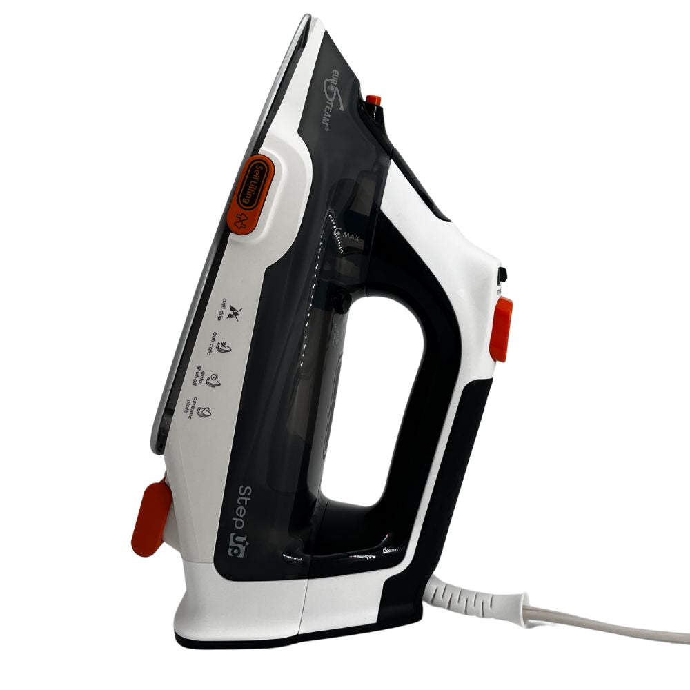 Eurosteam® Step Up Iron Eurosteam Iron Eurosteam side view with cord and clear water level.