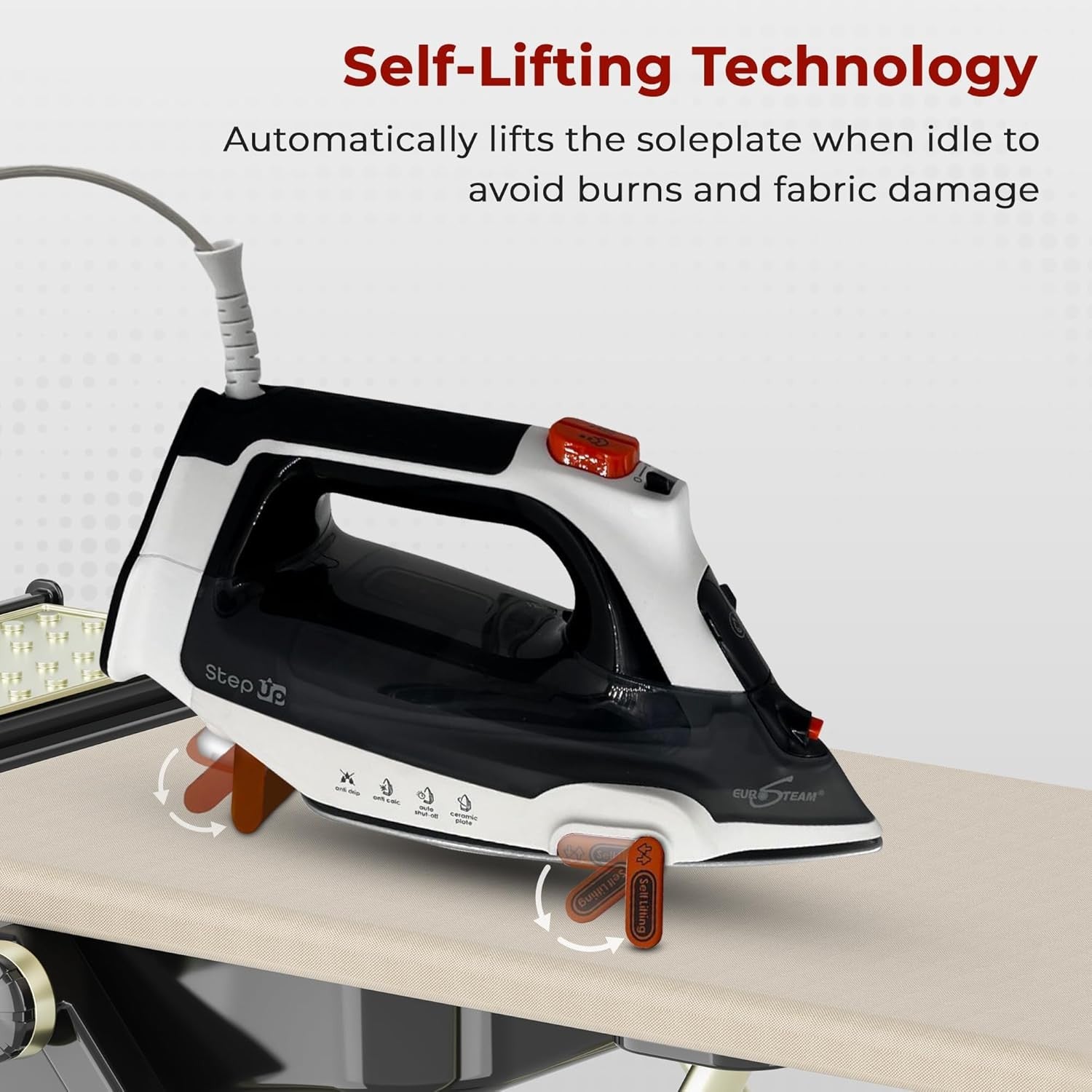 Eurosteam Step Up Iron with automatic lifting feature on ironing board