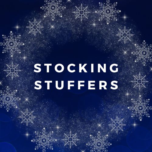 Snowflakes on dark blue background with text saying "Stocking Stuffers"