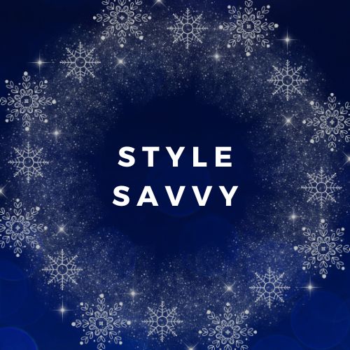 Snowflakes on dark blue background with text saying "Style Savvy"