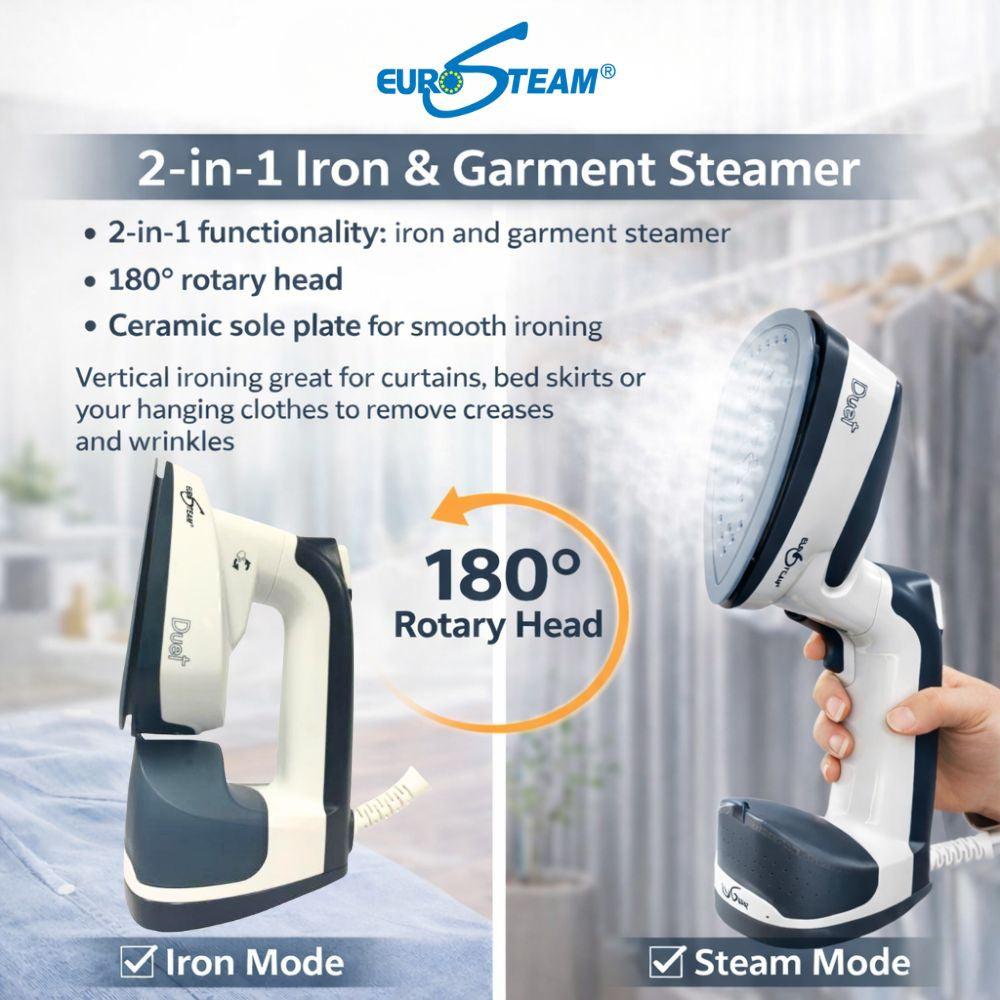 Eurosteam Duet 2 in 1 showing the steam and iron mode with a 180 degree rotary head