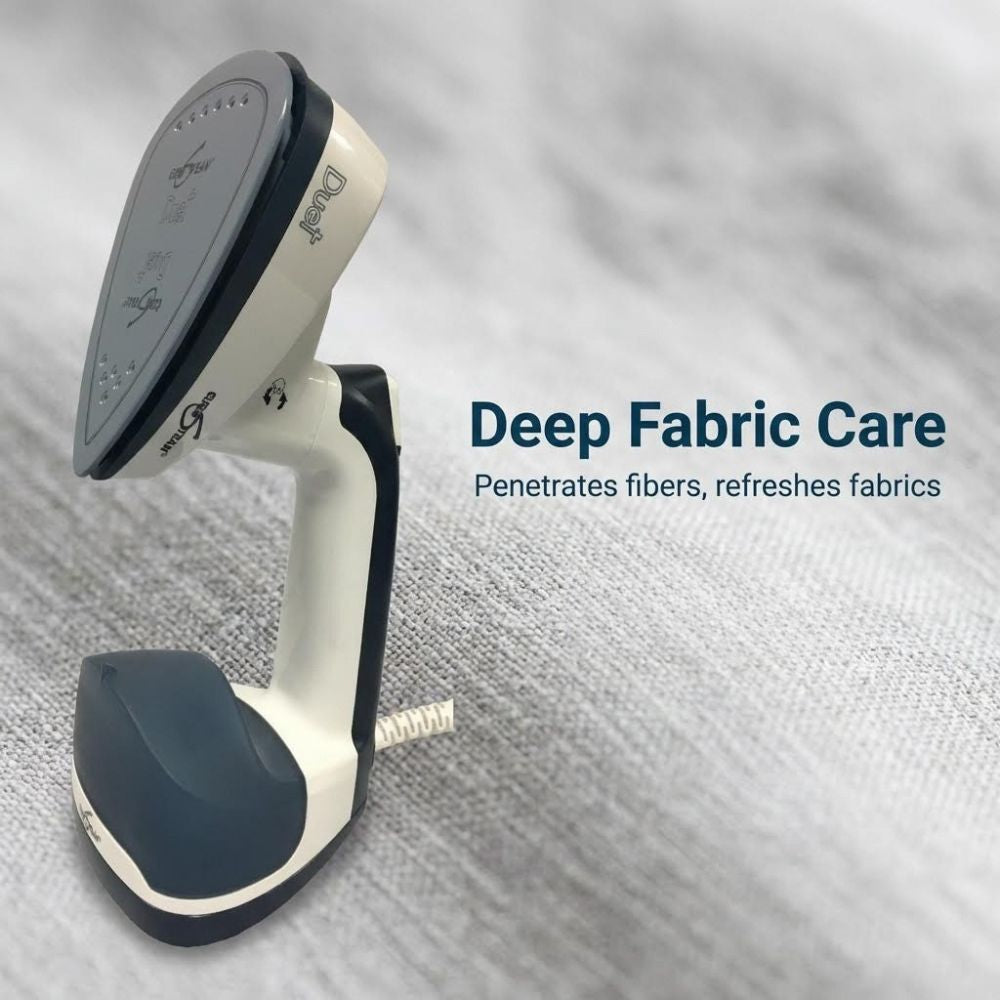 Eurosteam Duet 2 in 1 iron with text saying Deep fabric care - refreshed fabrics