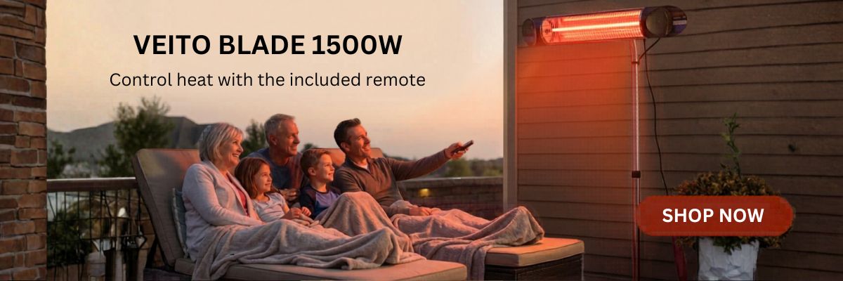 Veito Blade 1500W Heater warming a family on a patio