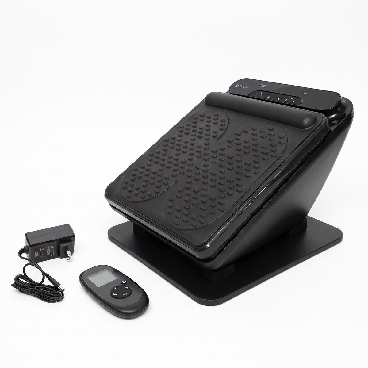 BACKplus Foot and Leg Massager with remote control and AC power adapter on white