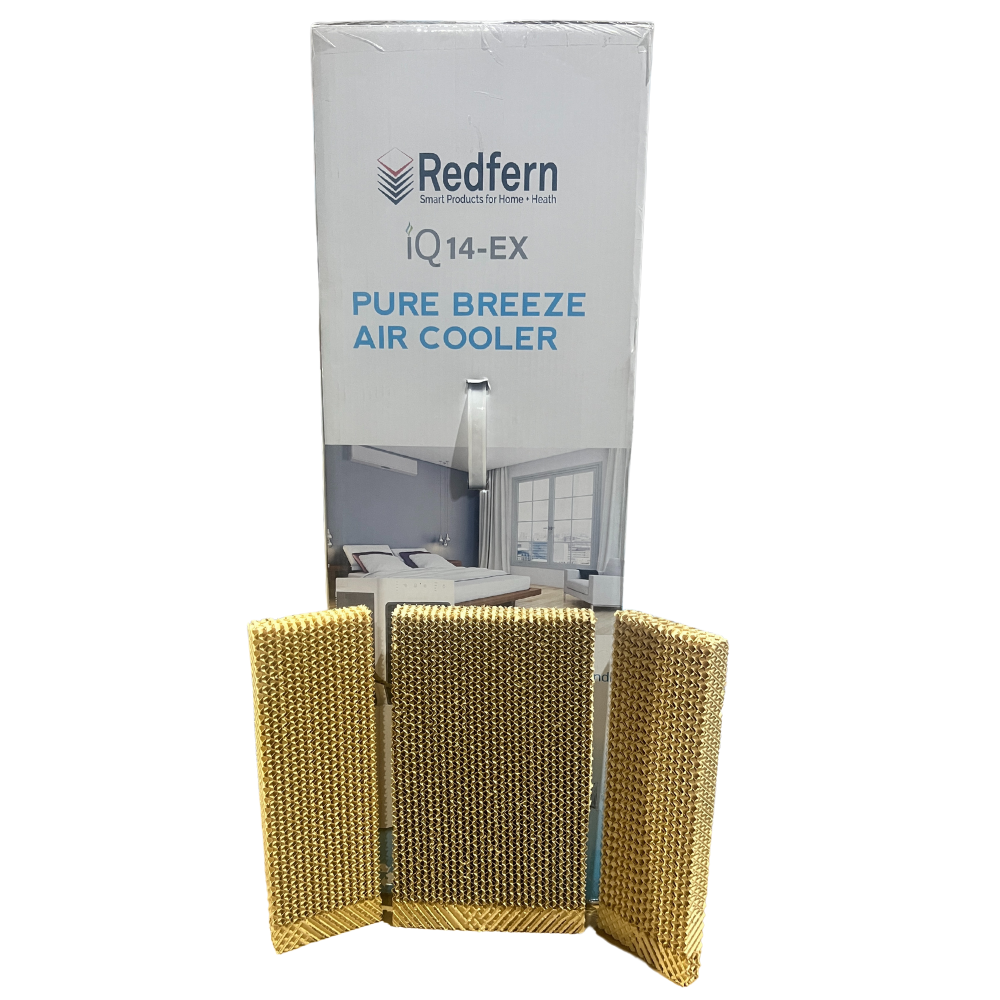 iQ Pure Breeze 14 Cooling Pads set of 3 replacements in front of box. Evaporative air Cooler not included